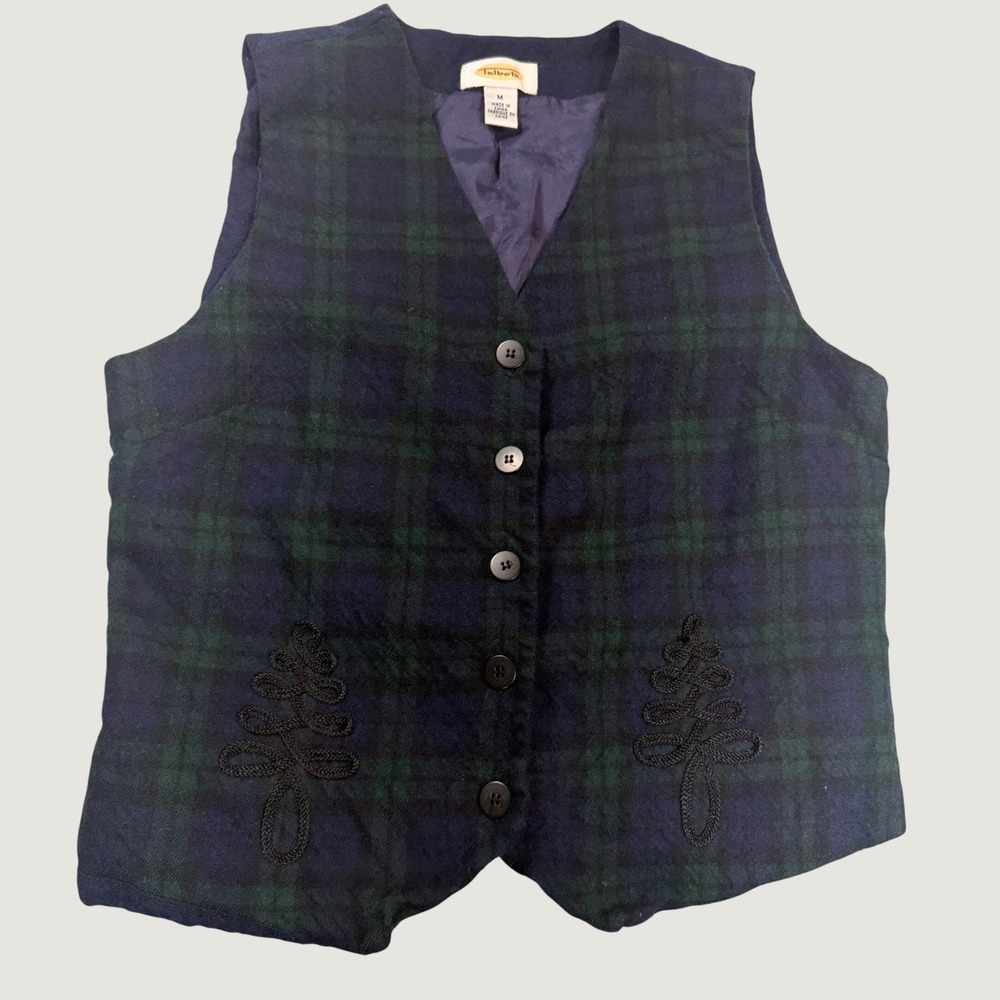 Talbots Plaid Vest Womens M Navy Blue Green Excellent Wool Blend